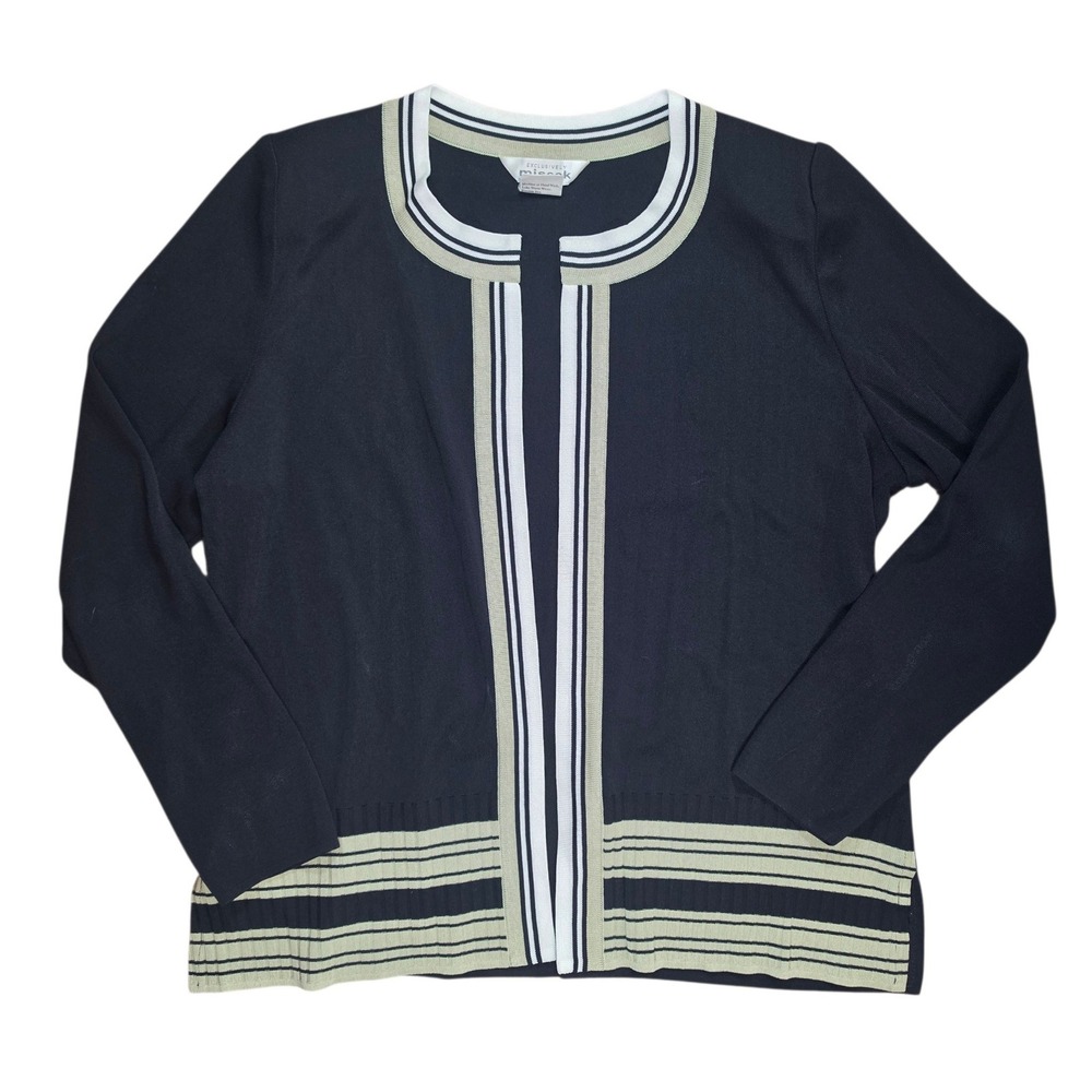 Misook Womens Large Cardigan Navy Blue Striped Open Front Knit Jacket Academia